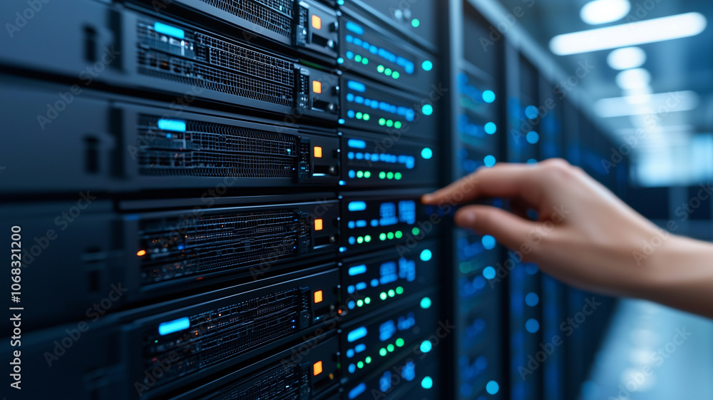 Poster technician is performing maintenance on server in data center, focusing on hardware components. environment is high tech and efficient, with rows of servers