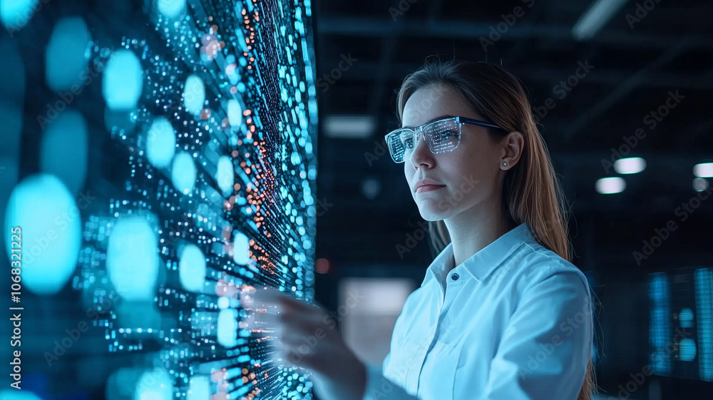 Poster female technician interacts with digital interface, focusing intently on data analysis in high tech environment. scene is illuminated by blue lights, highlighting futuristic setting