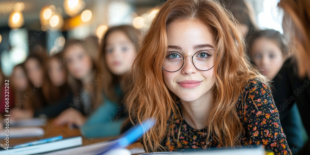 Poster focused student with glasses sits in classroom, surrounded by peers, ready to learn. atmosphere is l