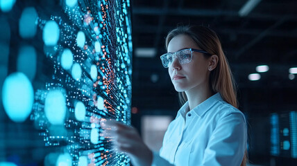 female technician interacts with digital interface, focusing intently on data analysis in high tech environment. scene is illuminated by blue lights, highlighting futuristic setting