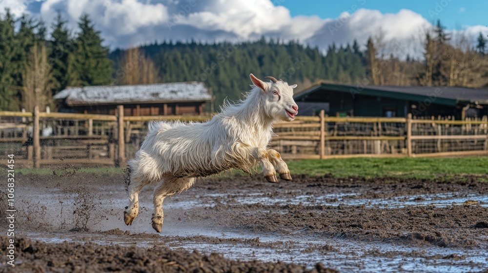 Poster a white goat leaps through a muddy field with a joyful expression.