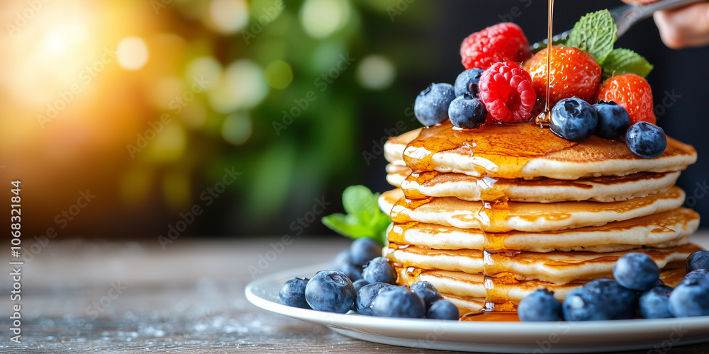 Poster stack of fluffy pancakes topped with fresh berries and drizzled with syrup sits on plate, creating d