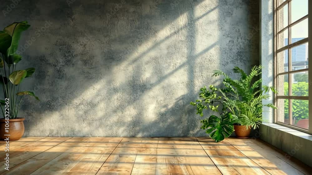 Poster sunlight streams through a large window, illuminating the wooden floor and casting long shadows on t