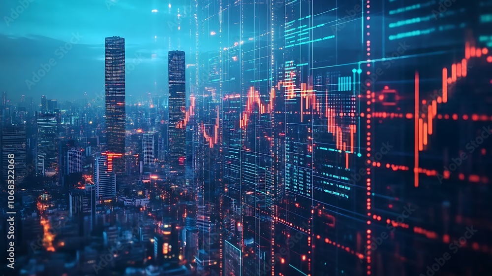 Poster a futuristic cityscape with digital overlay and data visualizations