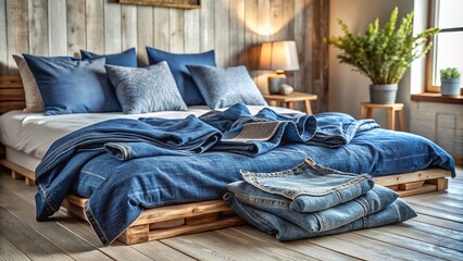 Cozy Scene of Laundry Blue Jeans Tossed on a Bed, Capturing the Relaxed Vibe of Home Life with Soft Natural Light and Textured Fabrics for a Perfect Lifestyle Image