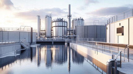 Obraz premium Realistic 3D rendering of a water treatment plant and industrial oil production facility under daylight, showcasing industrial processes and structures
