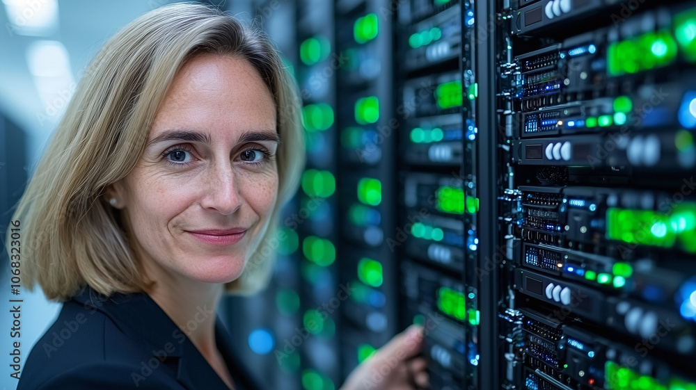 Poster woman conducting safety check in server room, ensuring systems are secure and operational. She appears focused and professional, surrounded by server racks with glowing lights