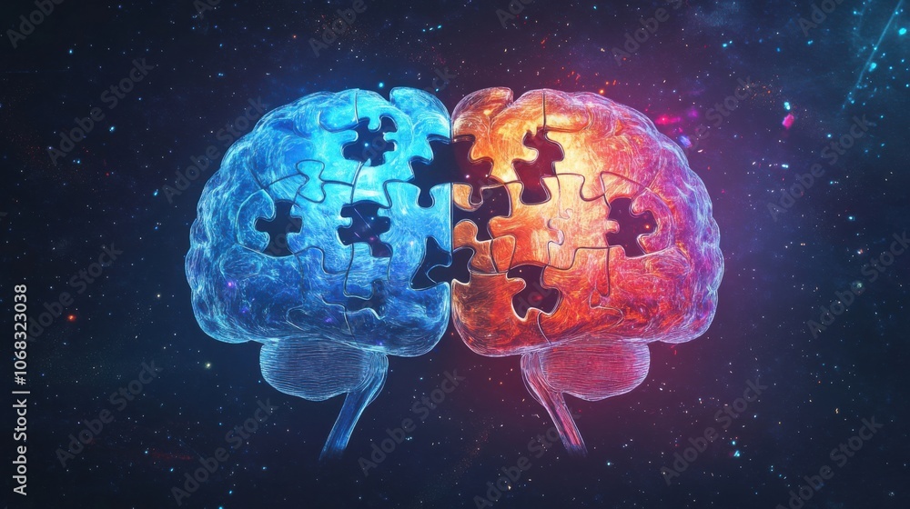 Poster brain illustration split into right and left hemispheres, featuring puzzle pieces to symbolize diffe
