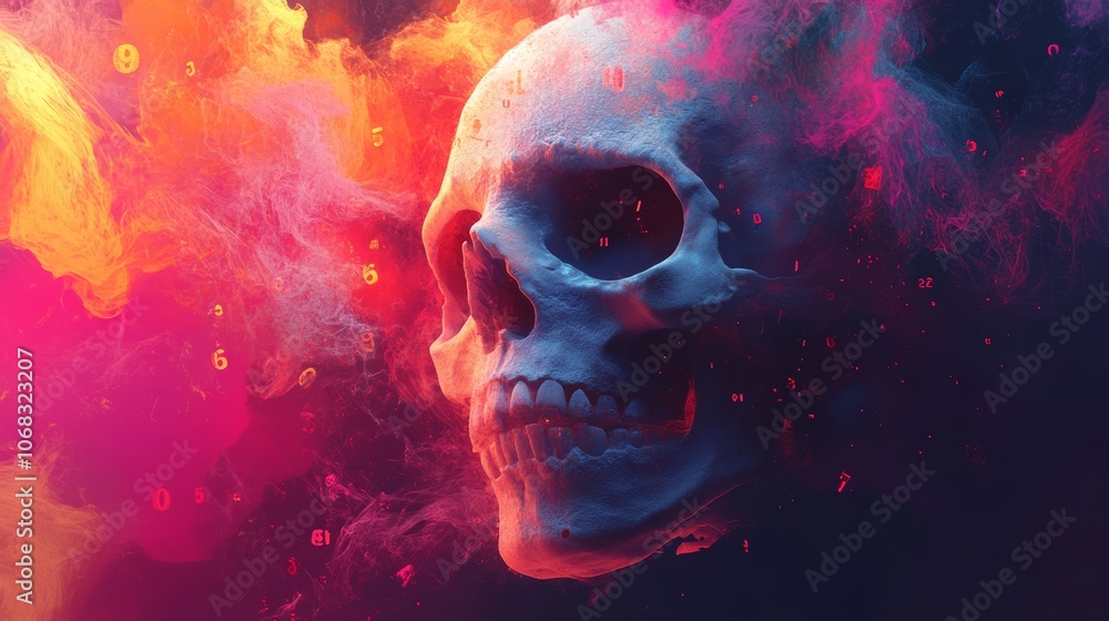 Aufkleber digital skull created from numeric patterns with vibrant colors set against a dark background