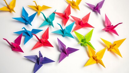 Colorful Origami Cranes on White Background,