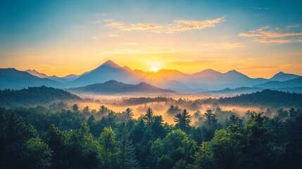 Serene sunrise over misty mountains and lush forests.