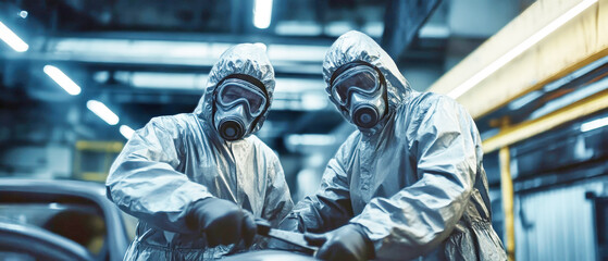 Two workers in protective suits and masks carefully paint a sleek car body inside an industrial plant illuminated by cinematic lighting