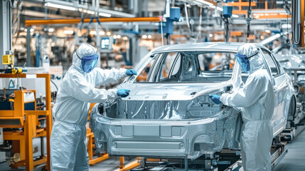 Workers in protective suits painting a car body on an automotive production line in a factory with a streamlined design and soft lighting