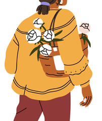 Woman with tote bag carrying rose blossoms, modern trendy card. Faceless female with flowers, back view. Girl walking with floral blooms. Flat vector illustration isolated on white background