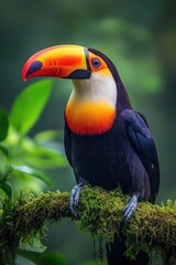 Fototapeta premium Colorful toucan perched on a mossy branch, lush green background, vibrant rainforest scene