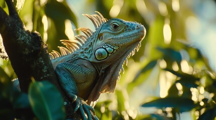 Fototapeta premium A green iguana lizard perches on a tree branch in the rainforest, basking in the golden light of the setting sun.
