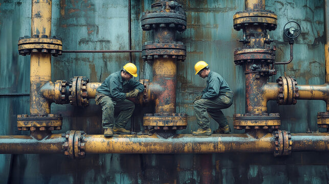 Two engineers repair an oil refinery pipe while wearing hard hats at an industrial site with intricate piping systems