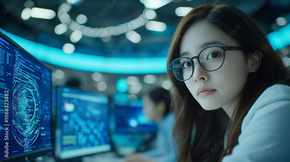 Aufkleber woman in glasses focuses on coding at computer in modern tech environment