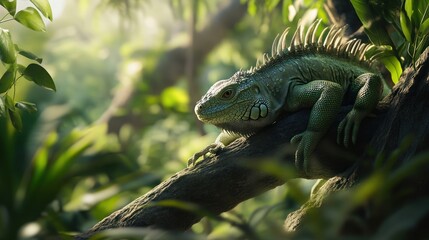 Obraz premium A green iguana rests on a branch in a lush jungle, basking in the sunlight.