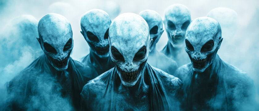 A group of pale blue-skinned aliens with sharp teeth stands menacingly in a foggy atmosphere, evoking a chilling horror movie vibe