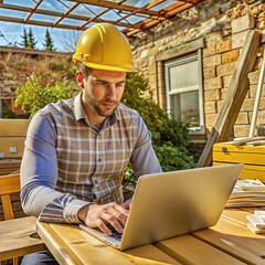 Construction Engineer Working on Laptop Outdoors in Sunny Weather