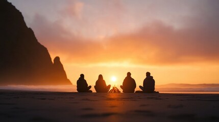 Friends Watching Sunset by the Beach Campfire