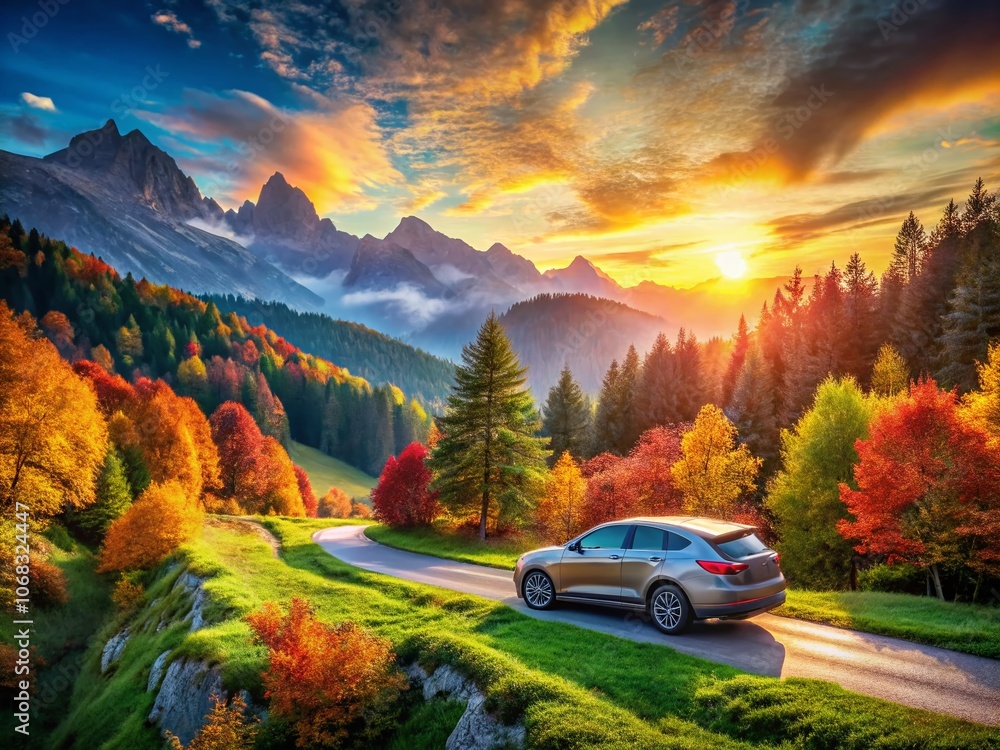 Poster creative landscape photography featuring abstract car logo design elements in a modern vector style 