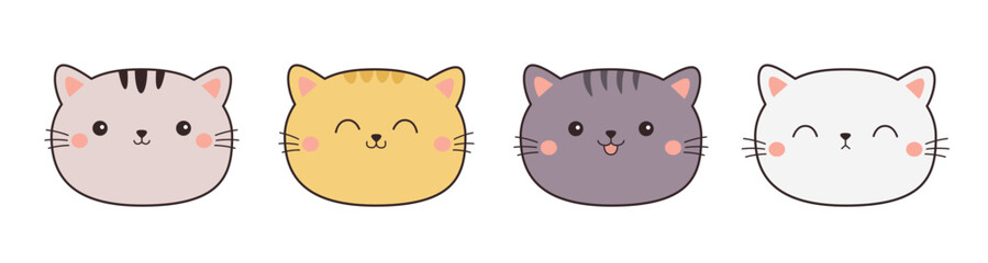 Cute cat face head icon set line. Contour line doodle. Different emotions, colors. Kawaii kitten kitty animal. Funny character. Sticker print. Childish style. Flat design. White background Vector