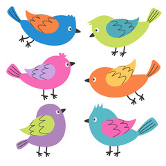 Cute bird icon set. Different color birds collection. Kawaii cartoon funny baby character. Colorful sticker decoration print. Childish style. Flat design. White background. Isolated. Vector