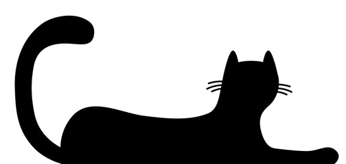Lying cat black silhouette. Long body. Cute kawaii chilling kitten head face. Cartoon baby pet character. Happy Halloween. Greeting card, banner, sticker print. Flat design. White background. Vector
