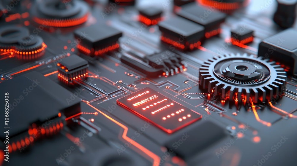 Poster futuristic circuit board with red illuminated components