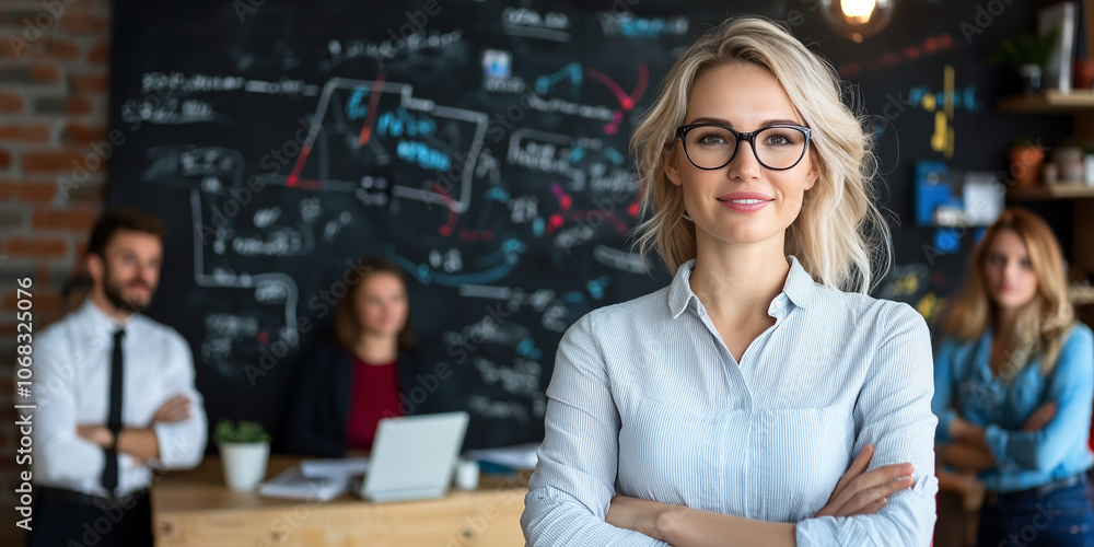 Poster confident woman stands in front of team, presenting ideas with smile. background features chalkboard filled with diagrams and notes, indicating creative and collaborative environment