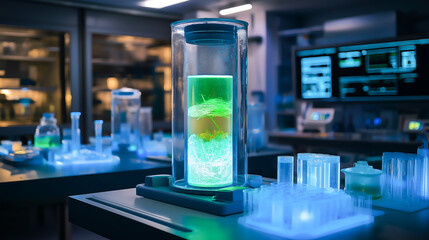 A high tech laboratory on bioluminescent packaging and natural, biodegradable polymers. Biopolymer samples in futuristic laboratory
