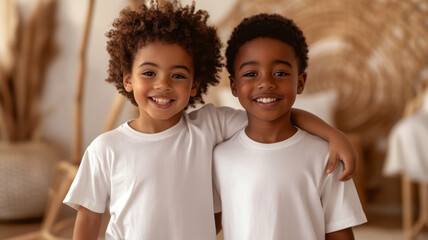 Joyful friendship: two smiling children embracing in a cozy room setting