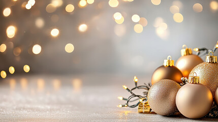 Elegant golden Christmas ornaments with sparkling lights and bokeh background for festive holiday decoration and celebration