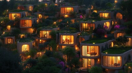 A futuristic and sustainable community of homes nestled into a hillside, illuminated by warm lighting at dusk.