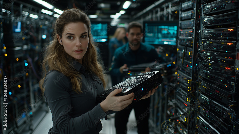 Poster female it professional collaborates with colleagues in server room, holding server component. enviro