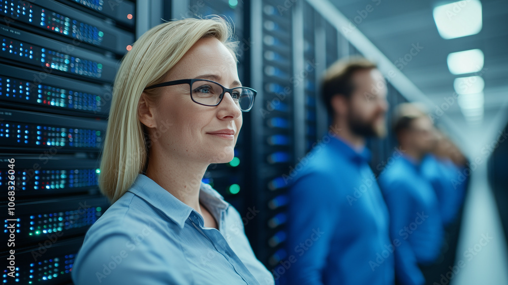 Poster female IT professional stands confidently in server room, collaborating with colleagues. environment is high tech and focused on data management and teamwork