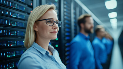 female IT professional stands confidently in server room, collaborating with colleagues. environment is high tech and focused on data management and teamwork