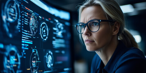 focused female tech professional analyzing cybersecurity data on computer screen