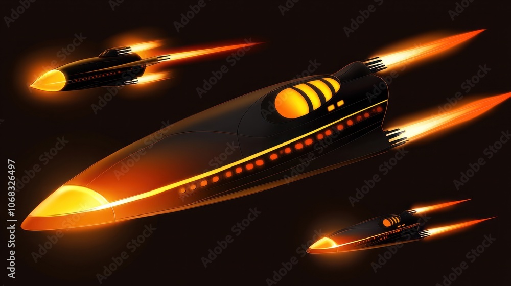 Poster three futuristic spaceships with glowing engines flying through space.