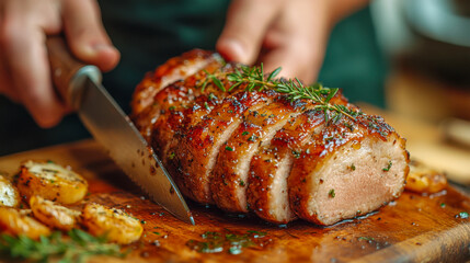 Delicious roast pork loin with herbs being sliced on cutting board