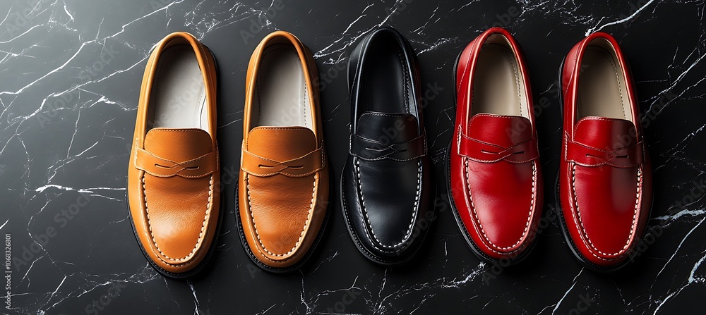 Poster elegant loafers showcased on a sleek marble surface, offering ample copy space to highlight key prod