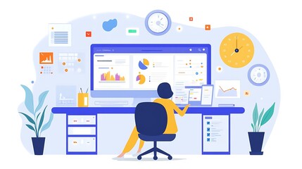 Naklejka premium Woman Working at a Desk with Multiple Data Visualizations