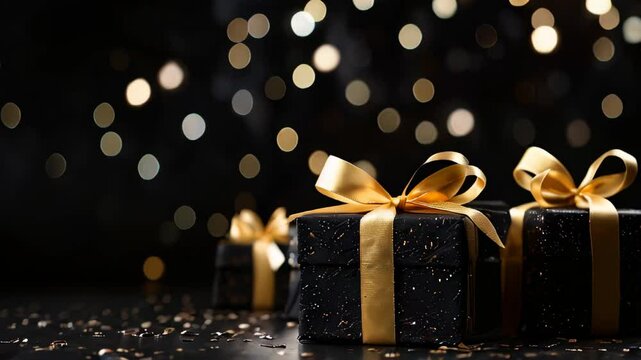 Black boxes with gold ribbons on top, bow tag and golden confetti and glitter on blurred black background with orange lights. New year. Birthday. Black friday discounts concept