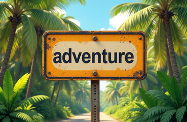 Retro fun traffic sign with the text "ADVENTURE" on it, Summer tropic jungle nature blur background, tourism and travel concept , cartoon illustration.