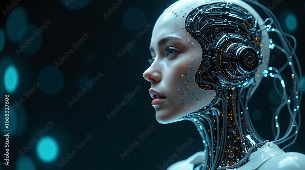 Aufkleber profile of a humanoid female robot with detailed mechanical elements and glowing circuits against a 