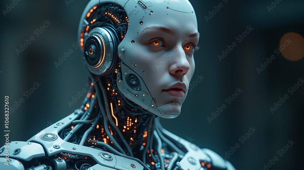Aufkleber female humanoid robot with illuminated mechanical circuits and detailed head components on a dark ba