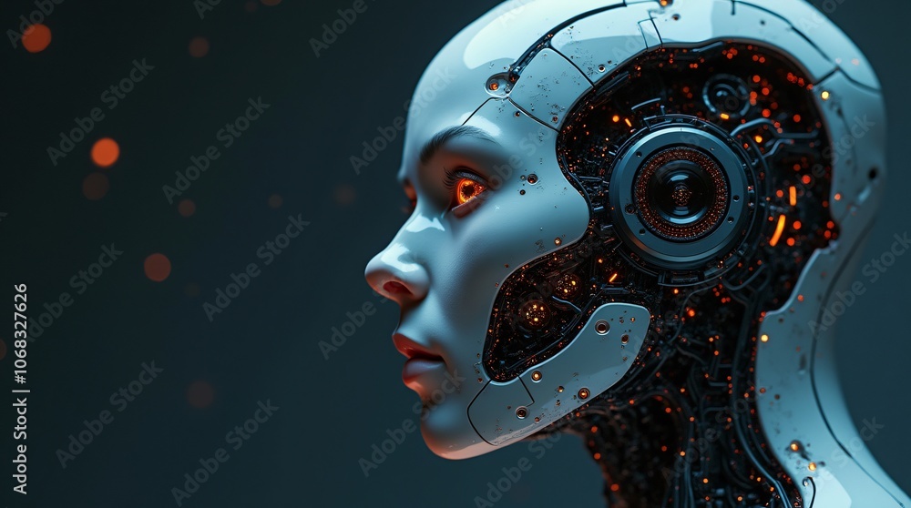 Poster close-up of a humanoid robot face with glowing orange circuits and intricate mechanical elements aga