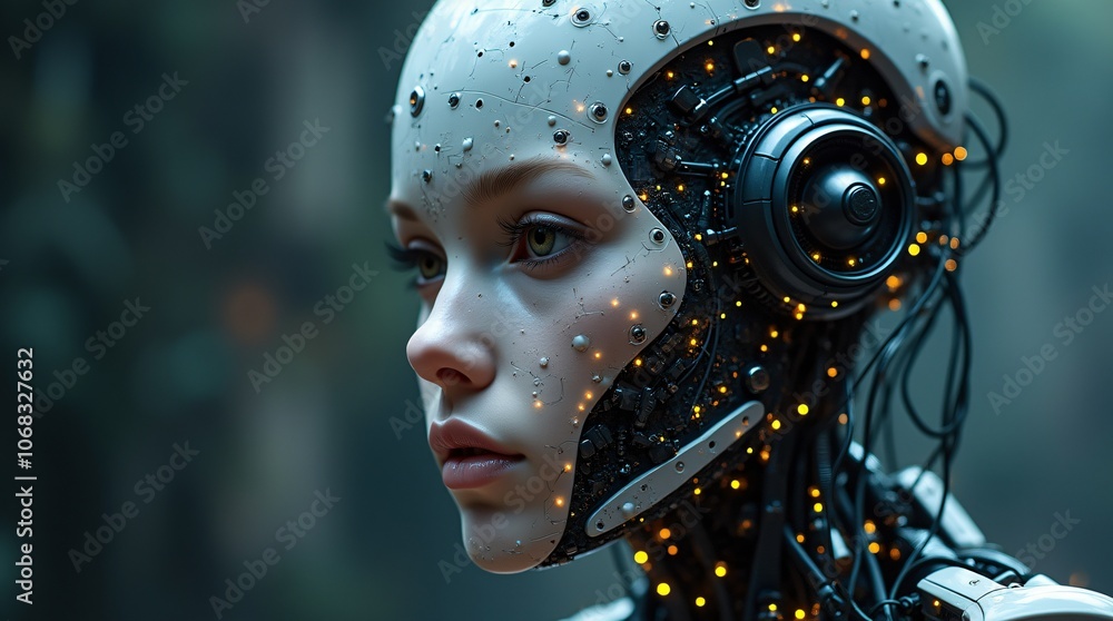Poster close-up portrait of a humanoid female robot with detailed mechanical components and glowing circuit